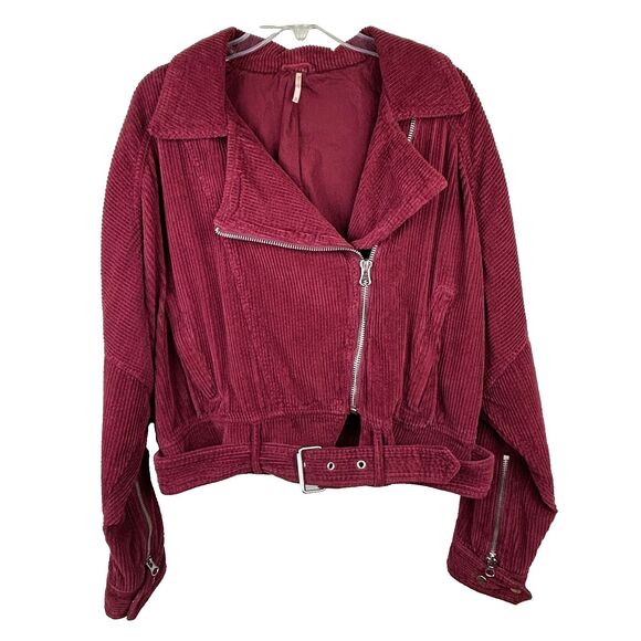 Free People Slouchy Dolman Moto Jacket Corduroy Burgundy Full Zip Lined Belted M - Picture 3 of 16
